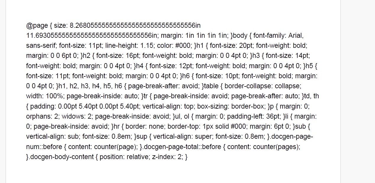 A generated PDF showing raw CSS printed at the top of the document