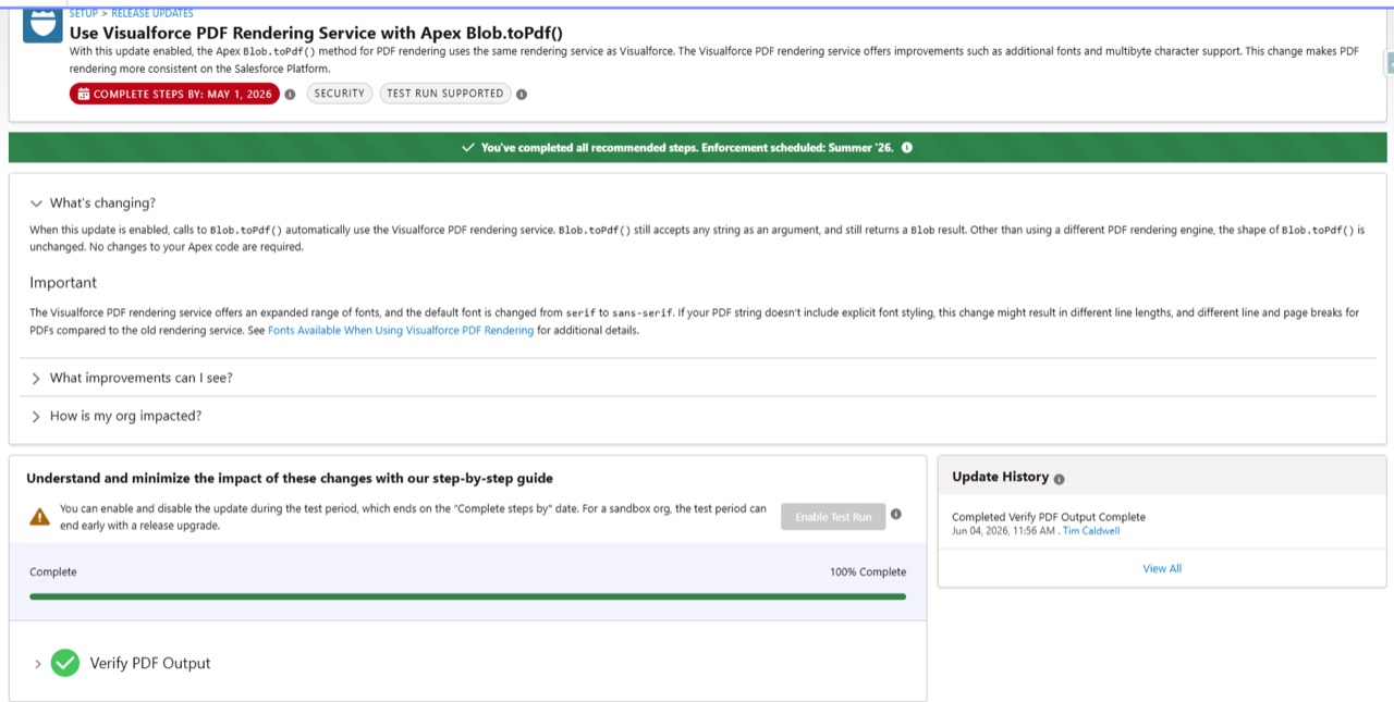 The Salesforce release update screen with a greyed-out Enable Test Run button