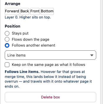 The Position control — Stays put, Flows down the page, Follows another element, with an anchor picker and keep-together