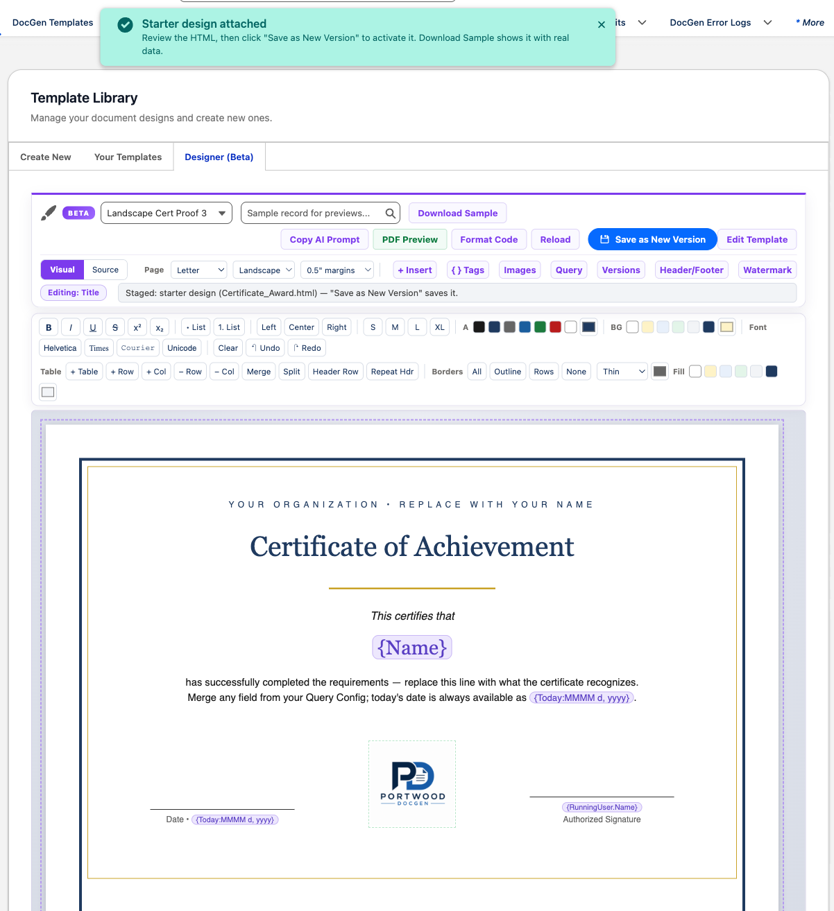 The Visual Designer on a landscape certificate — page pickers, format toolbar, merge-tag pills