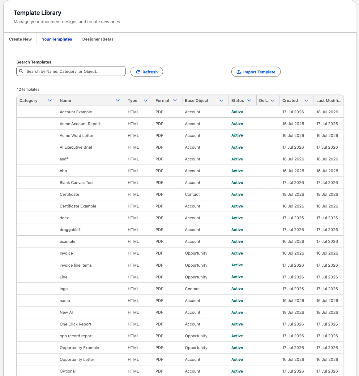 The Your Templates list — search, sortable columns, created and last-modified dates