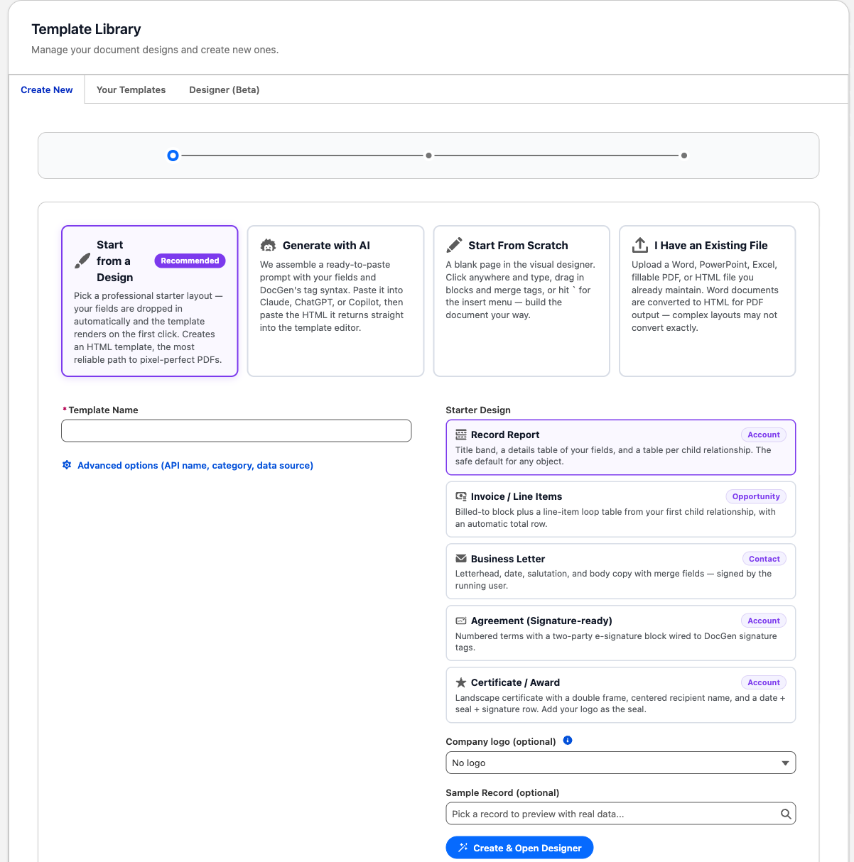 The Create New wizard with the starter gallery — Record Report, Invoice, Business Letter, Agreement and Certificate designs